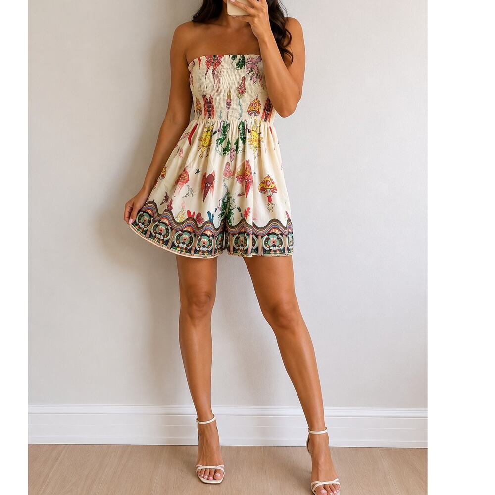 Zaful 🌿Women's Strapless Smocked Romper Boho Floral Beach Cover-Up Size M